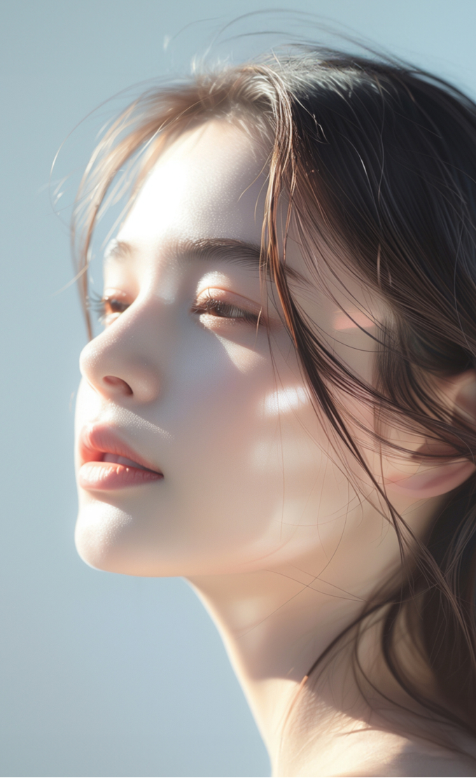 アートメイクをした女性の横顔(左)